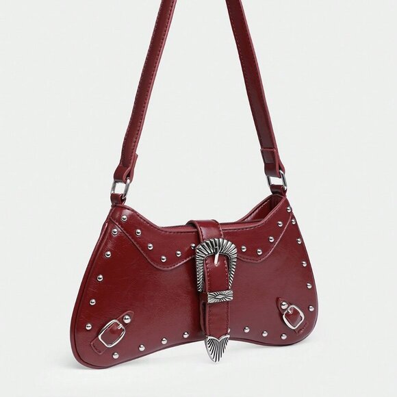 Burgundy Women's Bohemian Western Style Multiple Rivet Decor purse - Picture 2 of 6